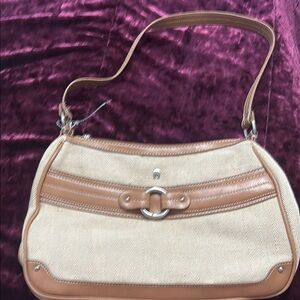 Tan and Brown Crescent Shoulder Bag with Leather Accents. Brand: Etienne Aigner